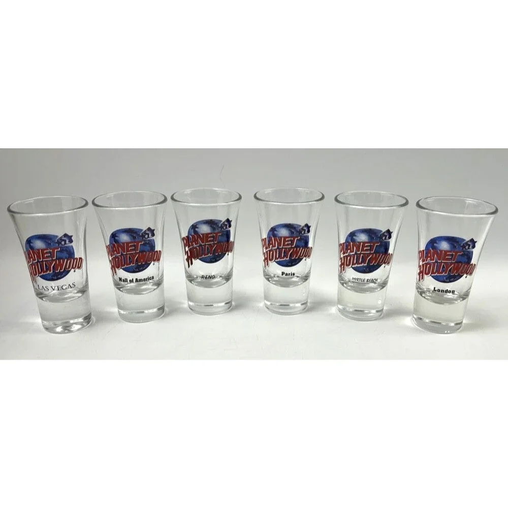 Lot Of 6 Planet Hollywood Shot Glasses-London,Myrtle Beach, Paris,Reno,Vegas,MOA
